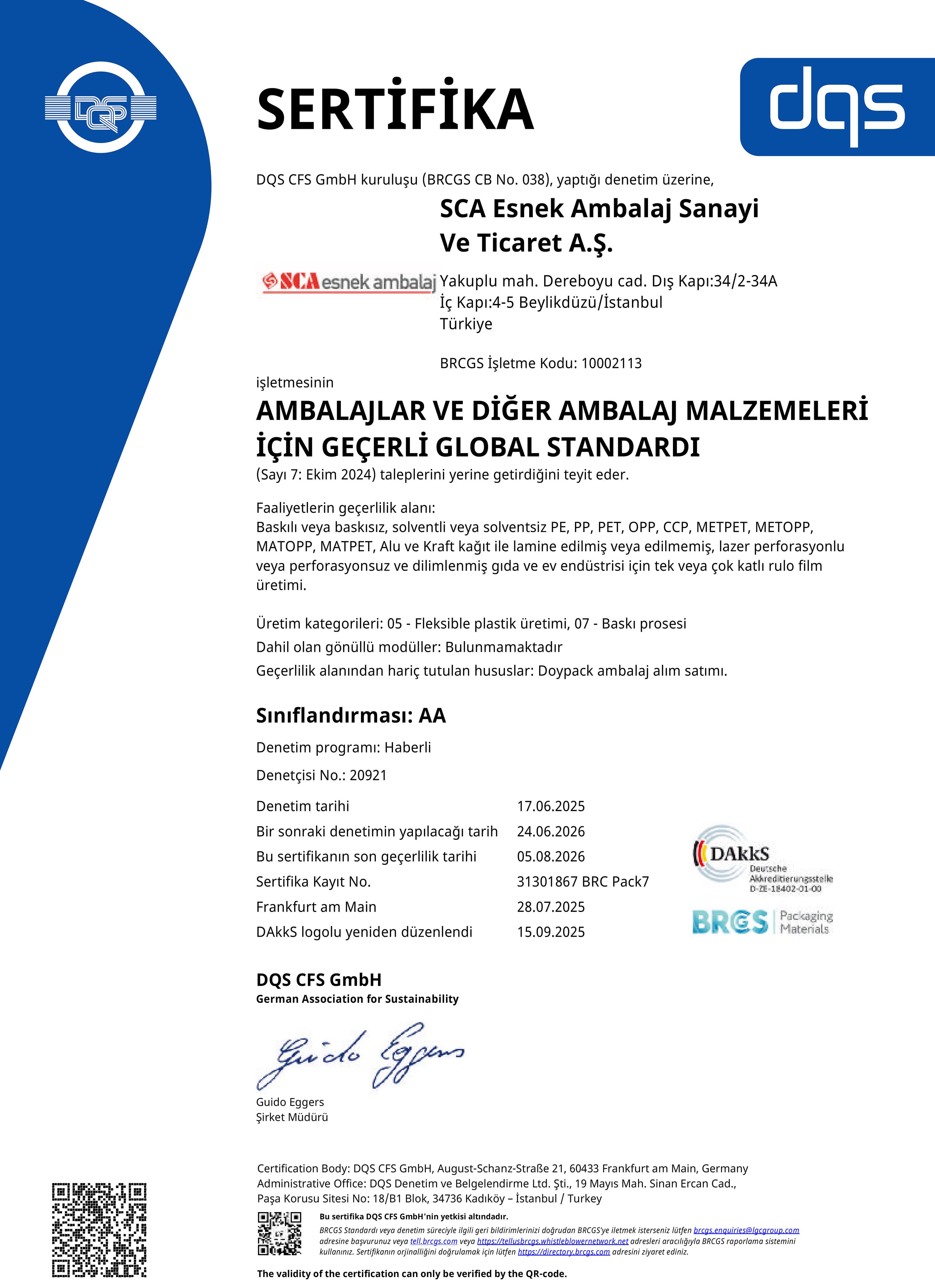 SCA Esnek Ambalaj kalite belgesi 3